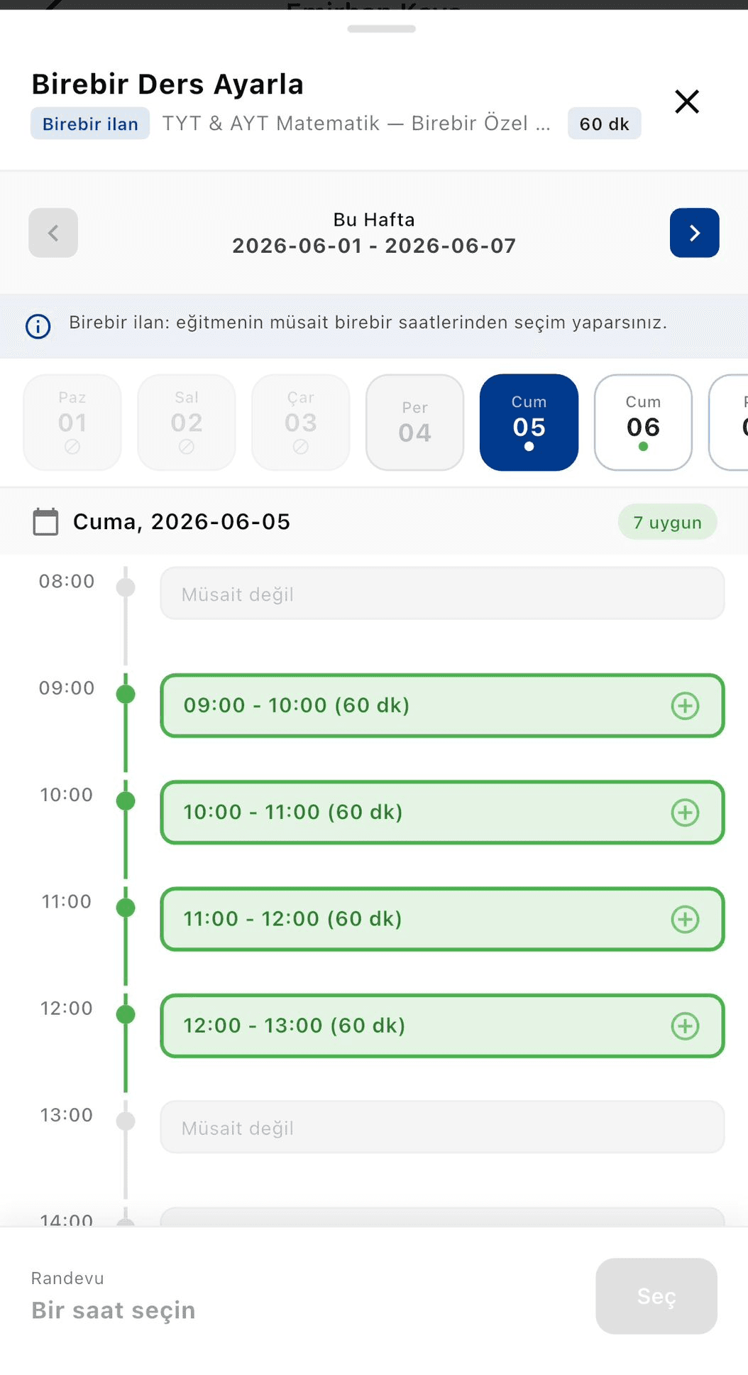 Private lesson booking screen